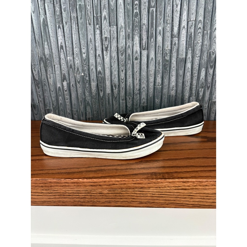 Vans Womens Black Canvas Ballet Flats Bow Checkerboard Slip On Shoes Size 8